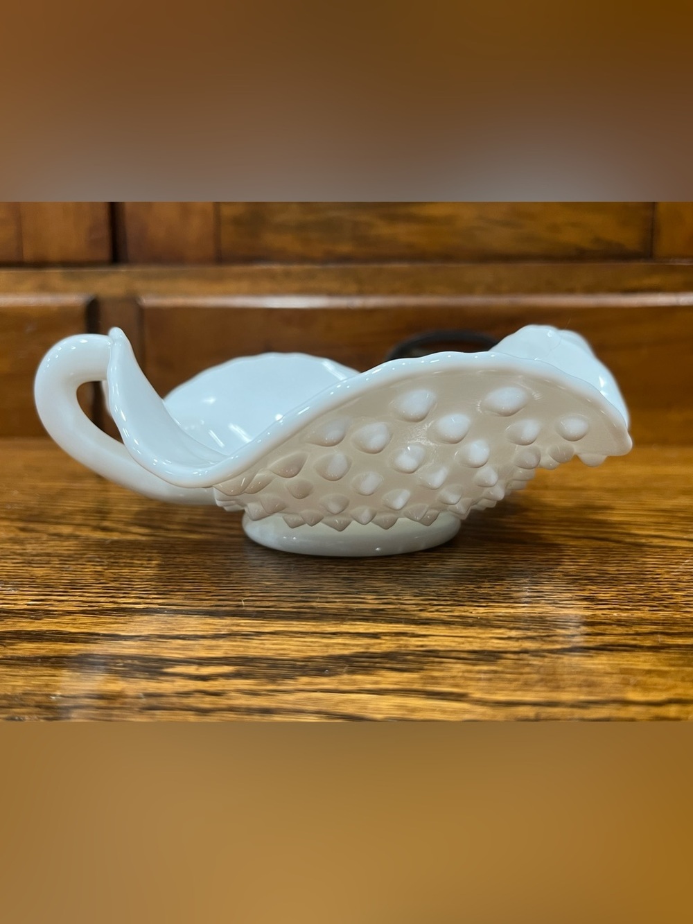 Vintage Fenton Milk Glass Hobnail Ruffled Dish with Handles – Perfect for Candle